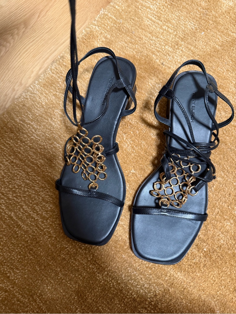 Tory Burch Black Lace-Up Sandals with Gold Ring Cluster